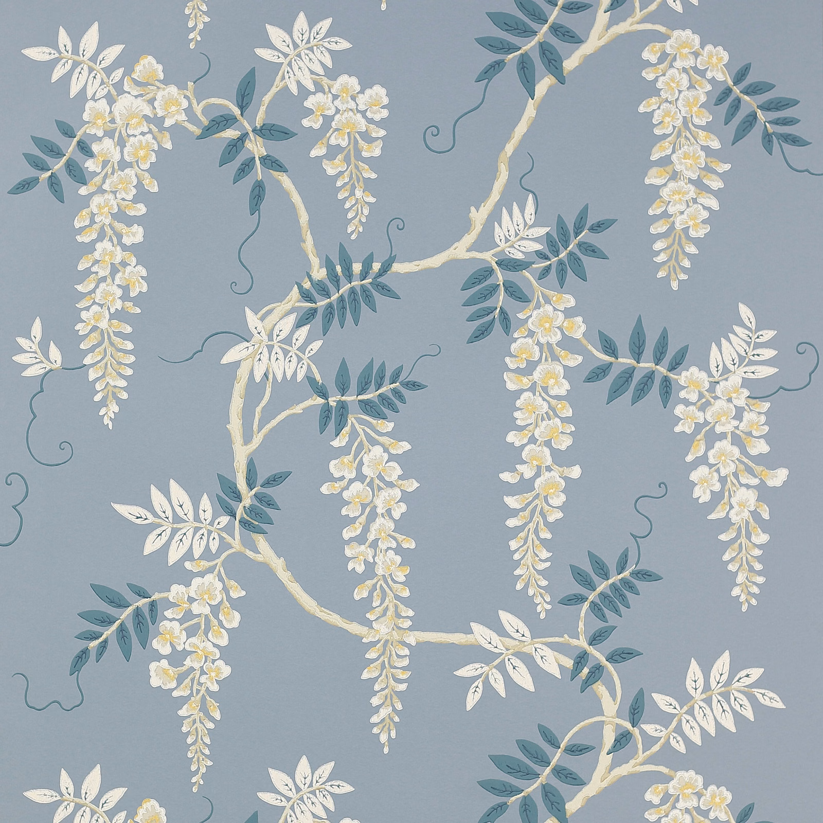 Blue-grey wallpaper with cascading cream wisteria, teal leaves and pale branching stems