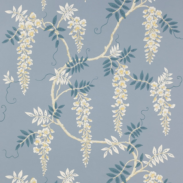 Blue-grey wallpaper with cascading cream wisteria, teal leaves and pale branching stems