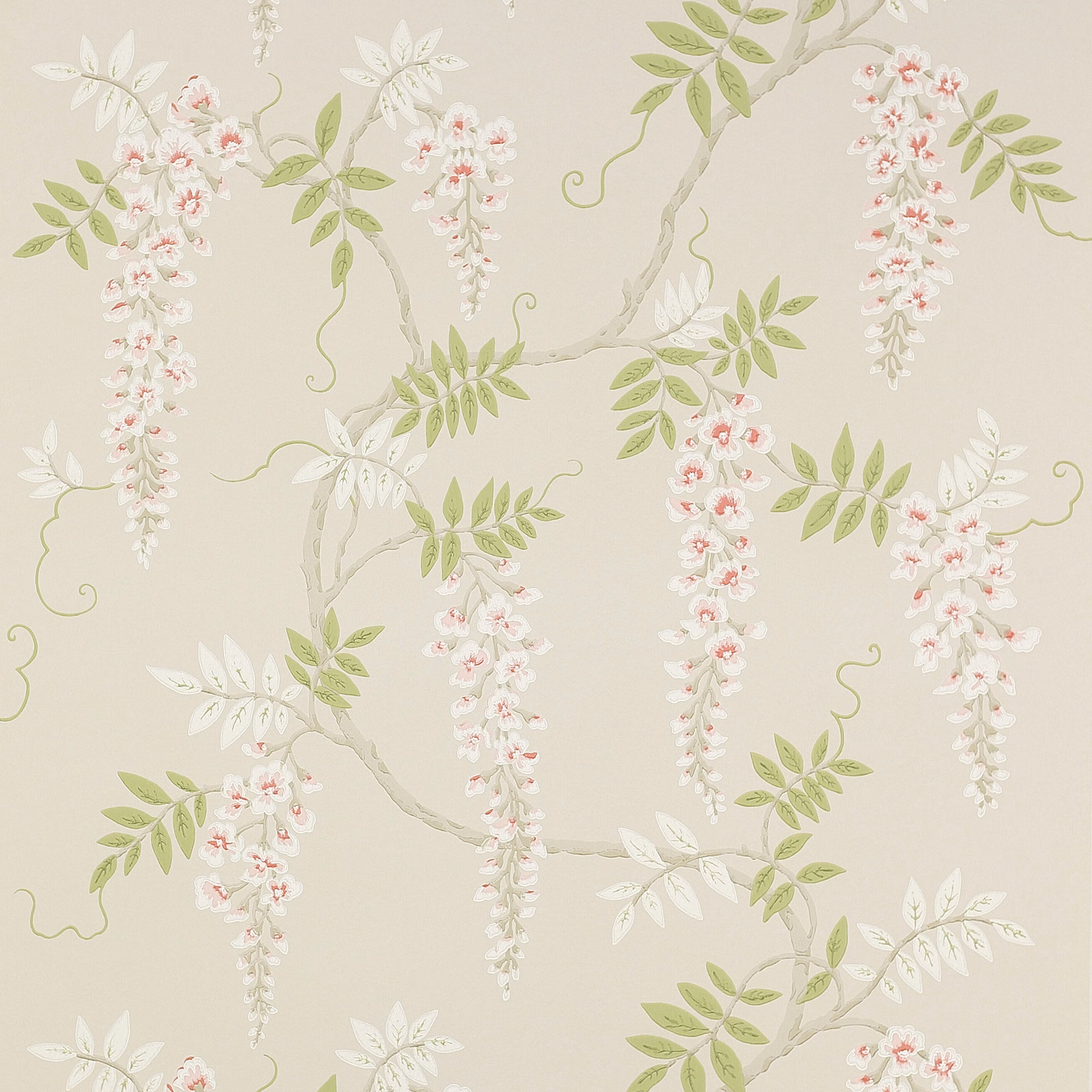 Warm ivory wallpaper with pale pink blossom trails and soft green leaves