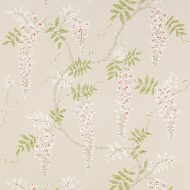 Warm ivory wallpaper with pale pink blossom trails and soft green leaves