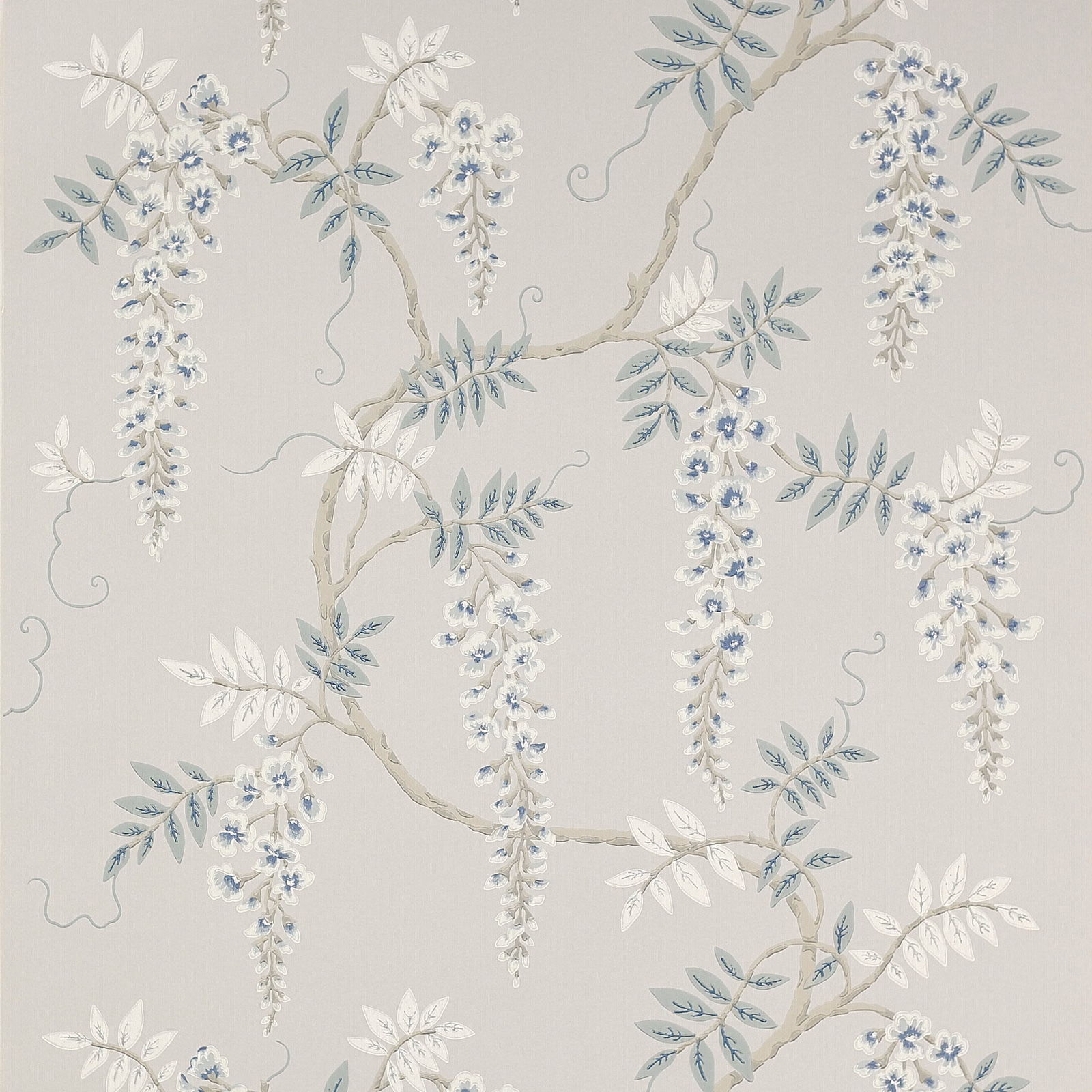 Silver-blue wallpaper with cascading white flowers, leafy branches and pale grey ground