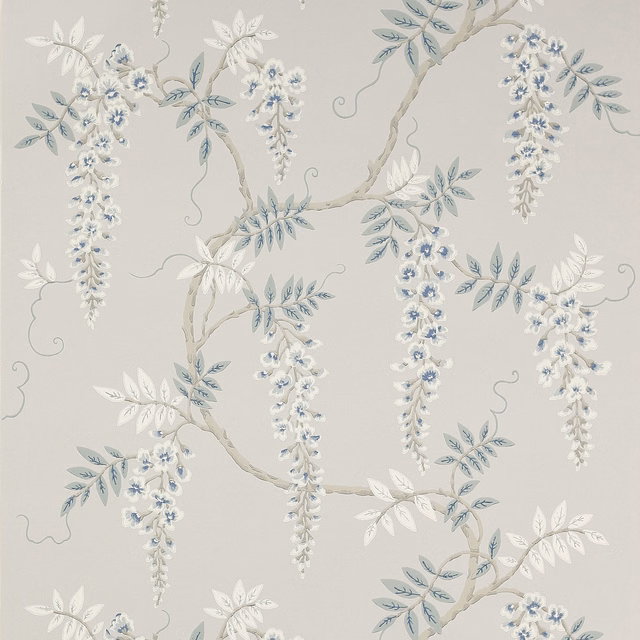 Silver-blue wallpaper with cascading white flowers, leafy branches and pale grey ground