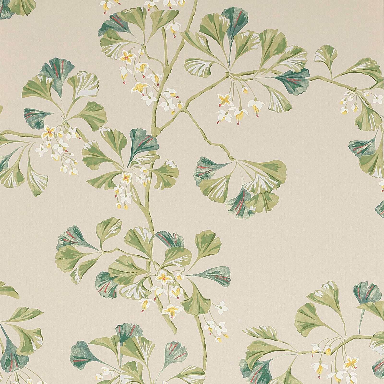 Forest green and sage fan-shaped leaves with white flowers on a warm ivory ground