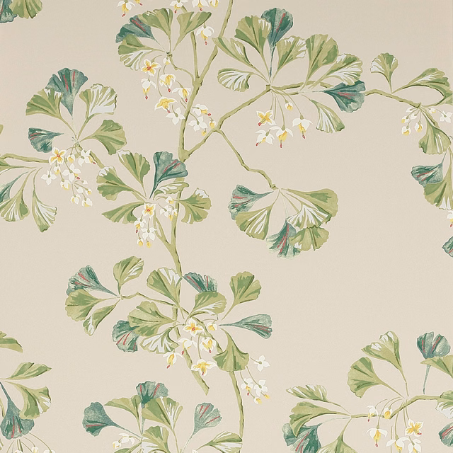 Forest green and sage fan-shaped leaves with white flowers on a warm ivory ground