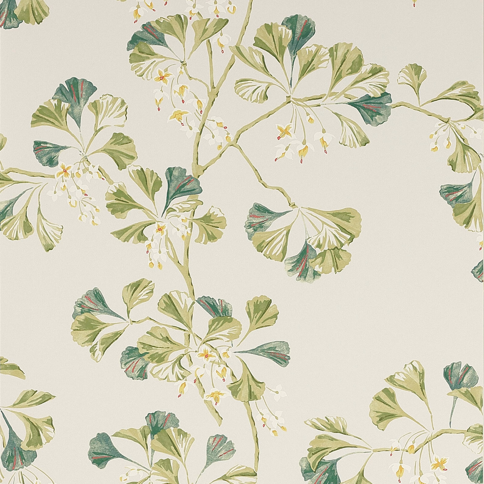 Leaf Green wallpaper with fan-shaped foliage, pale blossoms and muted teal accents
