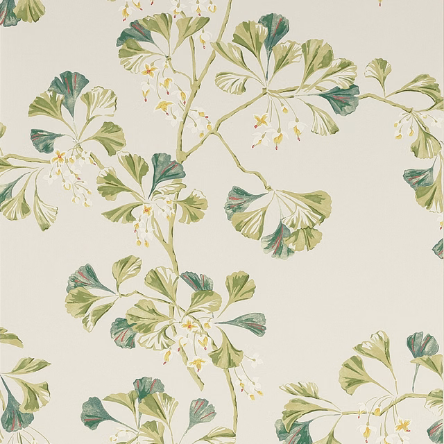 Leaf Green wallpaper with fan-shaped foliage, pale blossoms and muted teal accents