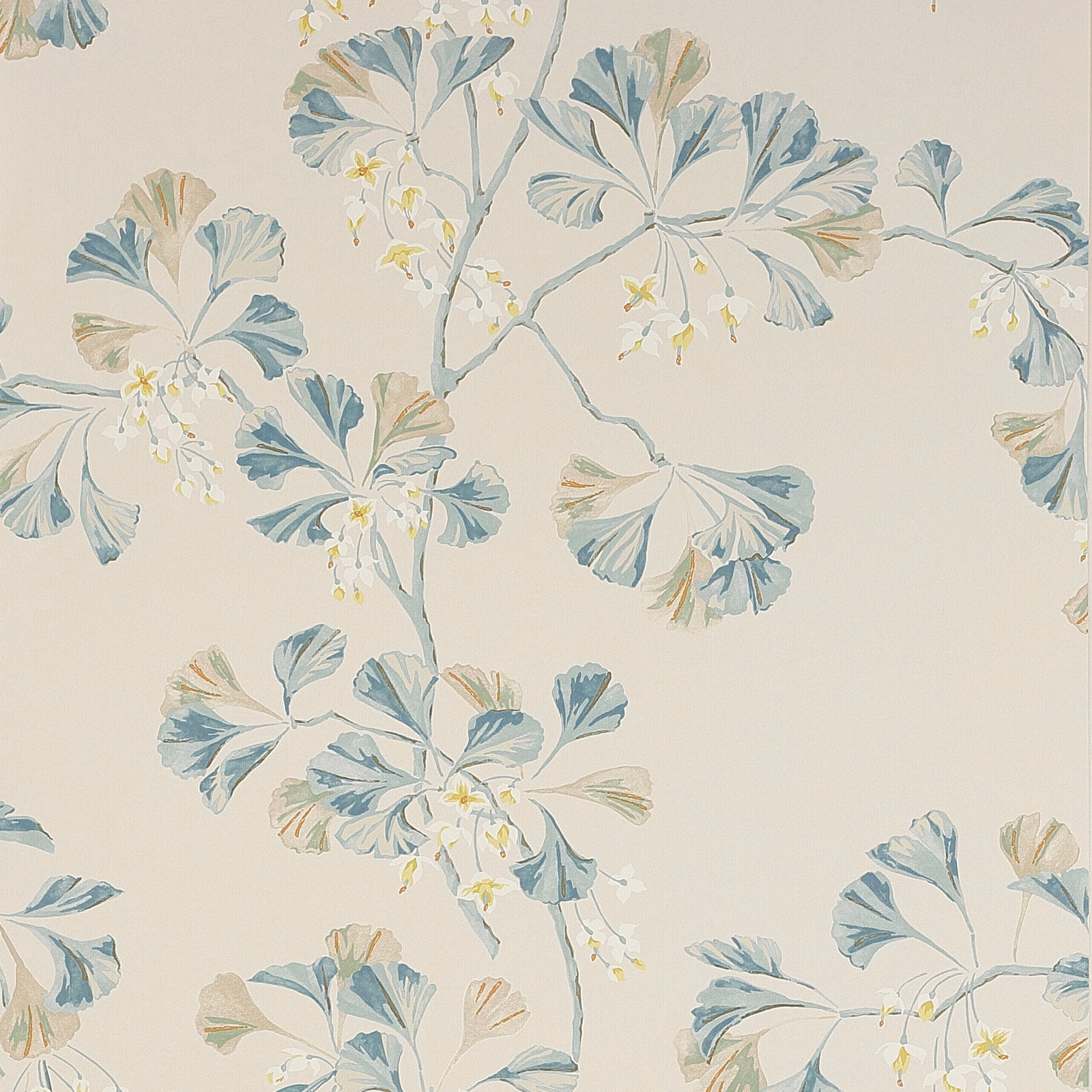 Muted blue fan-shaped leaves and tiny yellow blossoms on a soft cream wallpaper ground