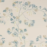 Muted blue fan-shaped leaves and tiny yellow blossoms on a soft cream wallpaper ground
