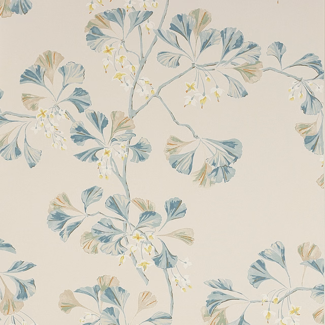 Muted blue fan-shaped leaves and tiny yellow blossoms on a soft cream wallpaper ground