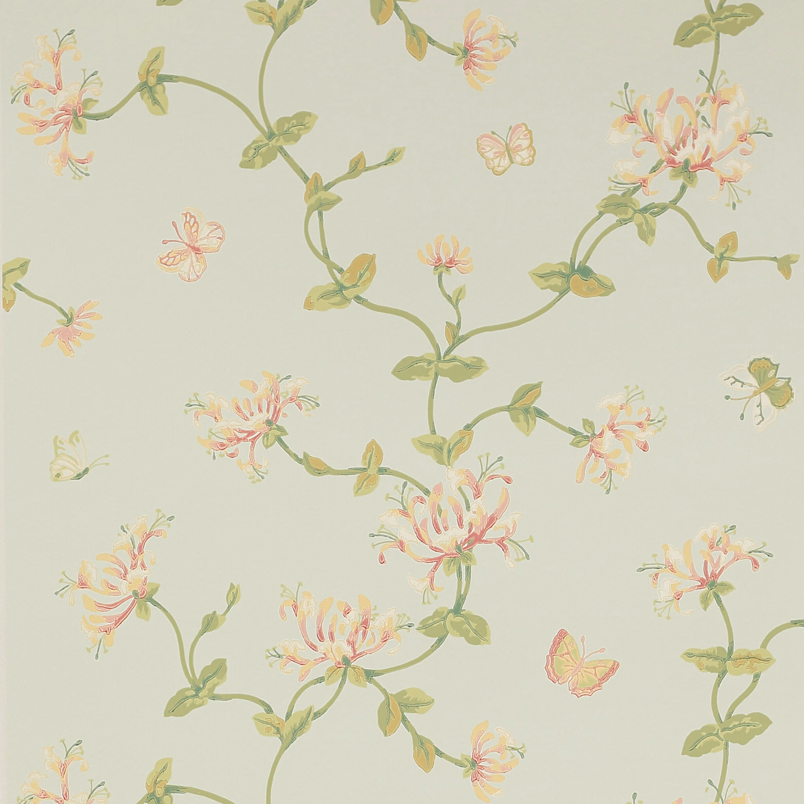 Pale aqua wallpaper with blush honeysuckle flowers, olive vines and tiny butterflies