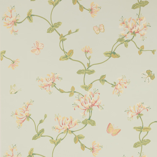 Pale aqua wallpaper with blush honeysuckle flowers, olive vines and tiny butterflies