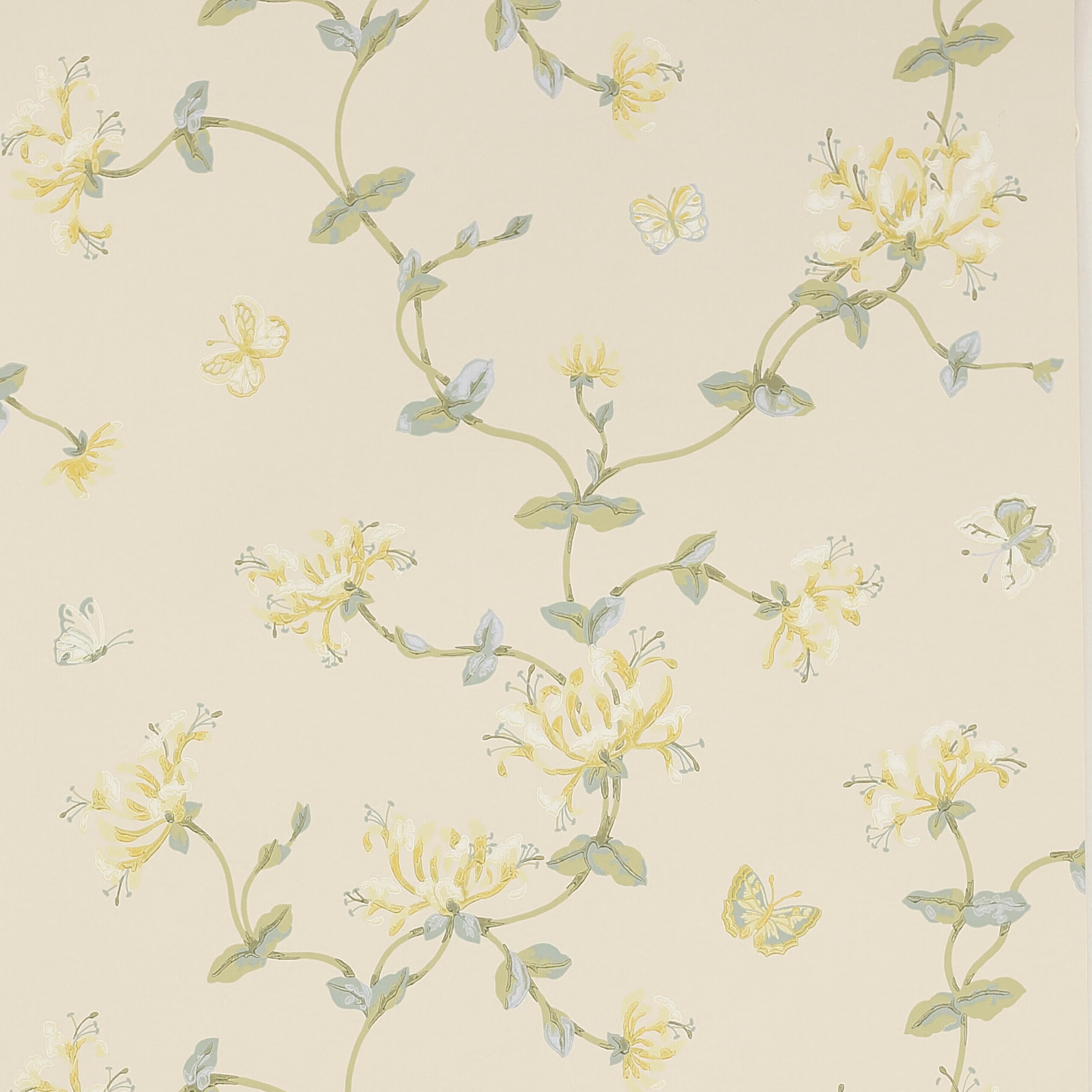 Pale lime wallpaper with trailing sage honeysuckle, yellow flowers and tiny butterflies