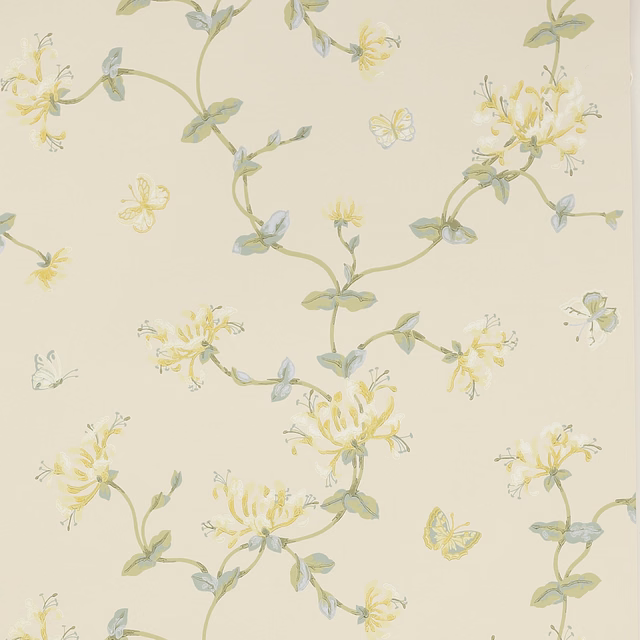 Pale lime wallpaper with trailing sage honeysuckle, yellow flowers and tiny butterflies