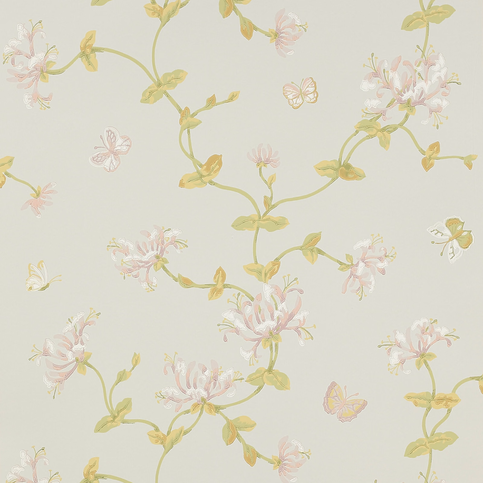 Pale old blue wallpaper with pink honeysuckle, green leaves and scattered butterflies