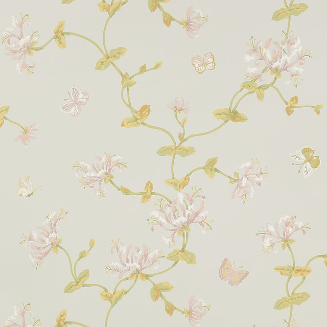 Pale old blue wallpaper with pink honeysuckle, green leaves and scattered butterflies