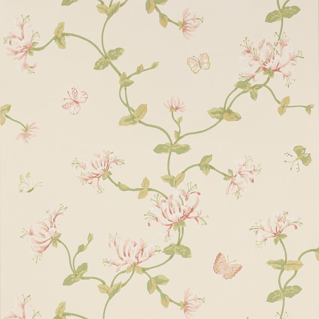 Pale pink honeysuckle flowers and sage vines on an ivory ground