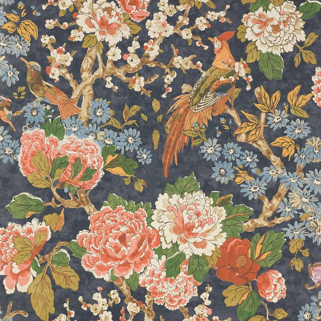 Deep navy wallpaper with coral peonies, blue flowers, birds and gold leafy branches