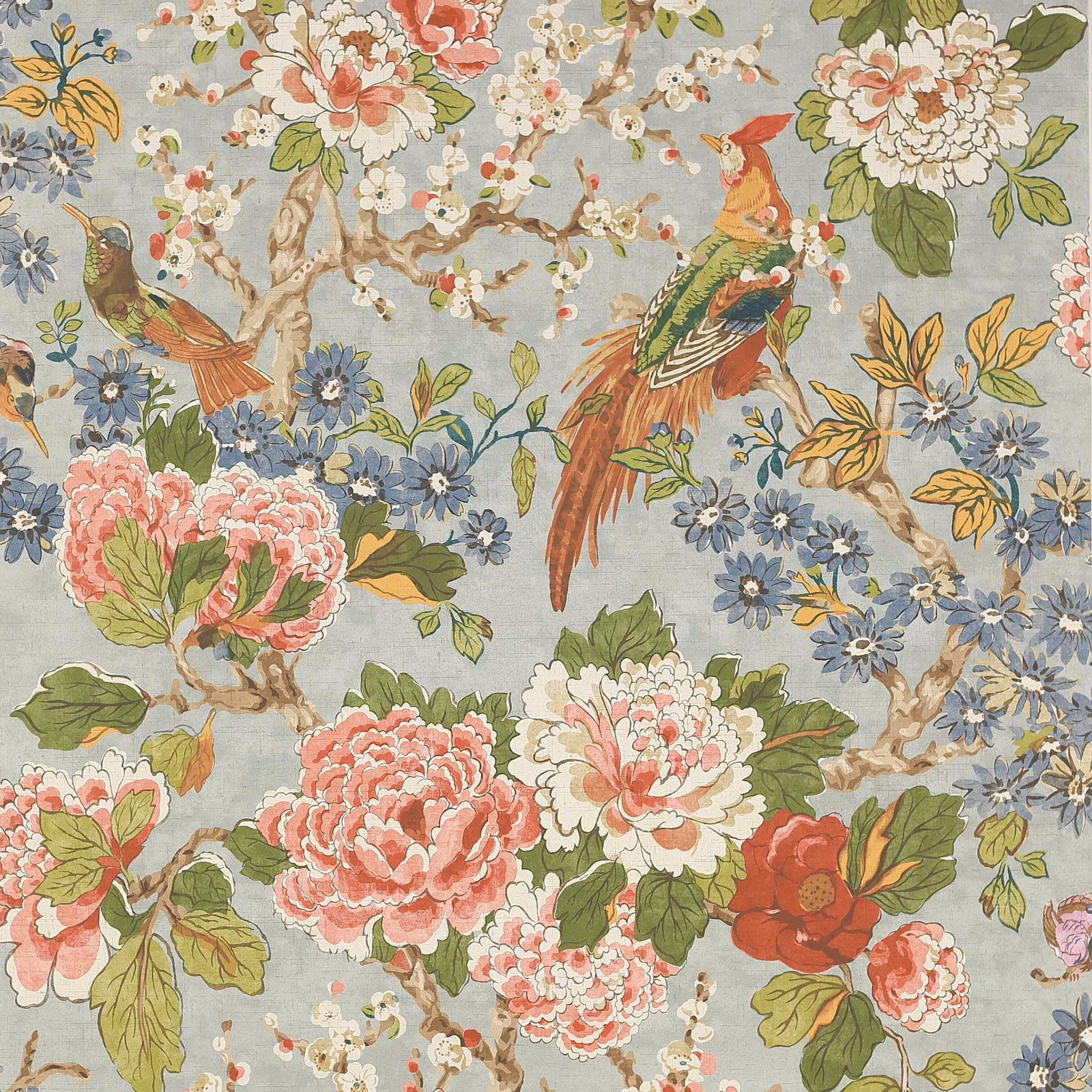 Old blue-grey wallpaper with coral peonies, blue flowers and perched birds