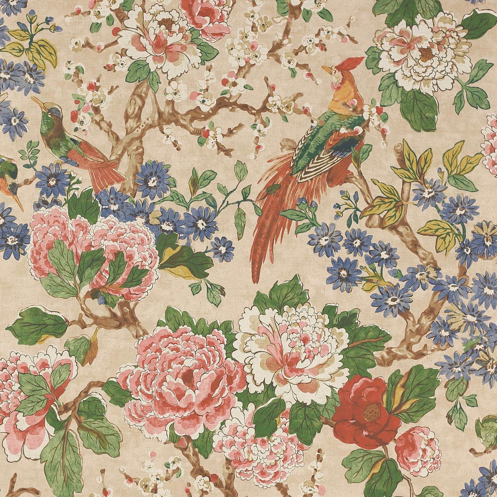 Cream wallpaper with red-and-green songbirds, peonies, blossom branches and blue flowers
