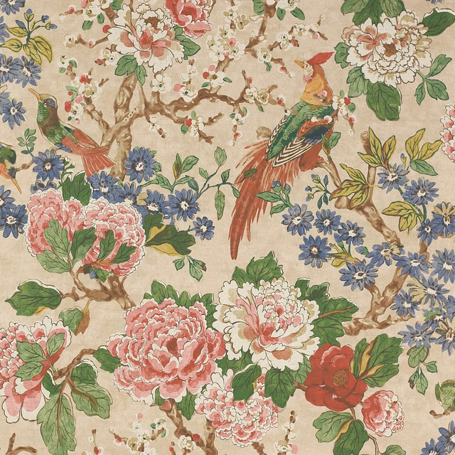 Cream wallpaper with red-and-green songbirds, peonies, blossom branches and blue flowers