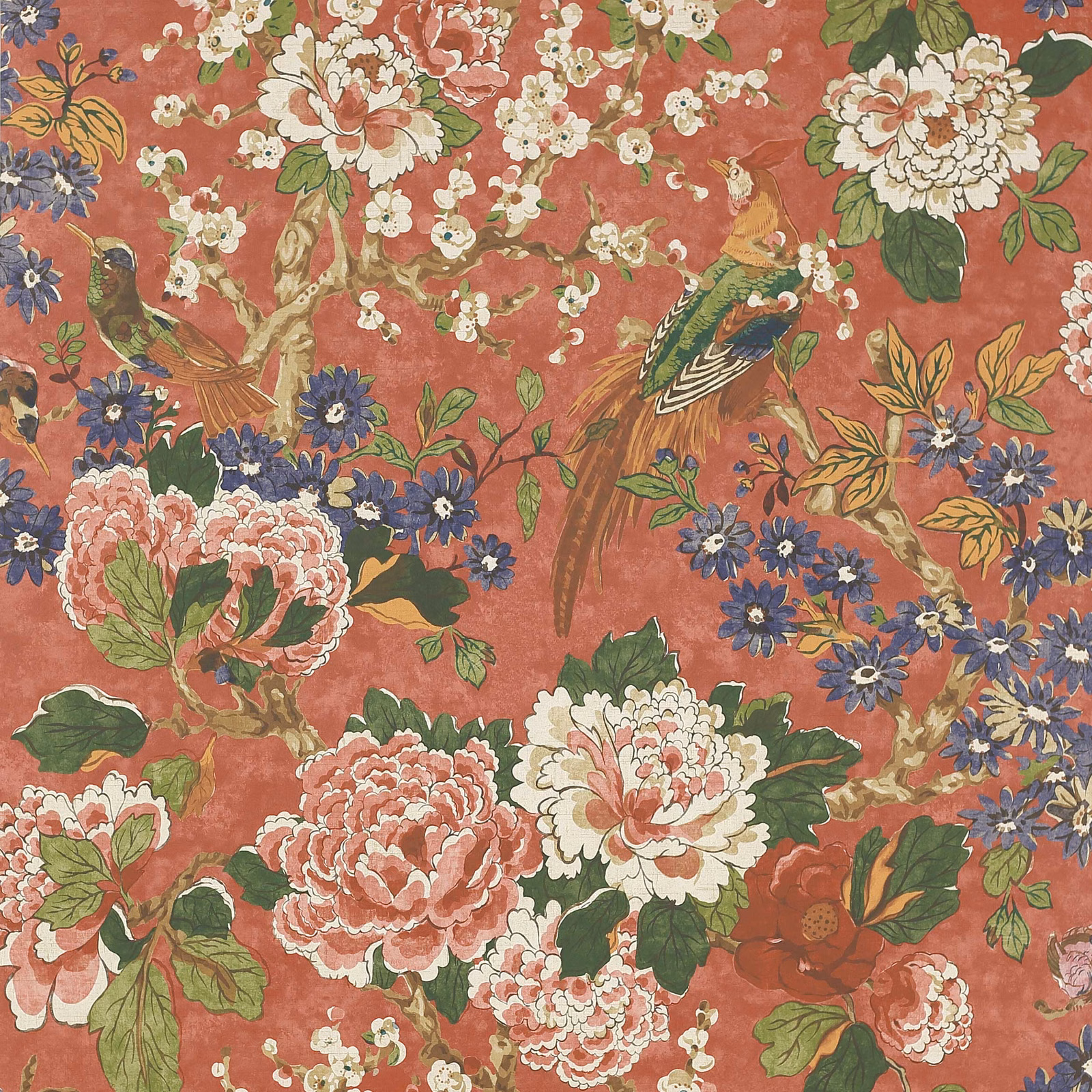 Muted coral-red wallpaper with peonies, blue flowers, leafy branches and a long-tailed bird
