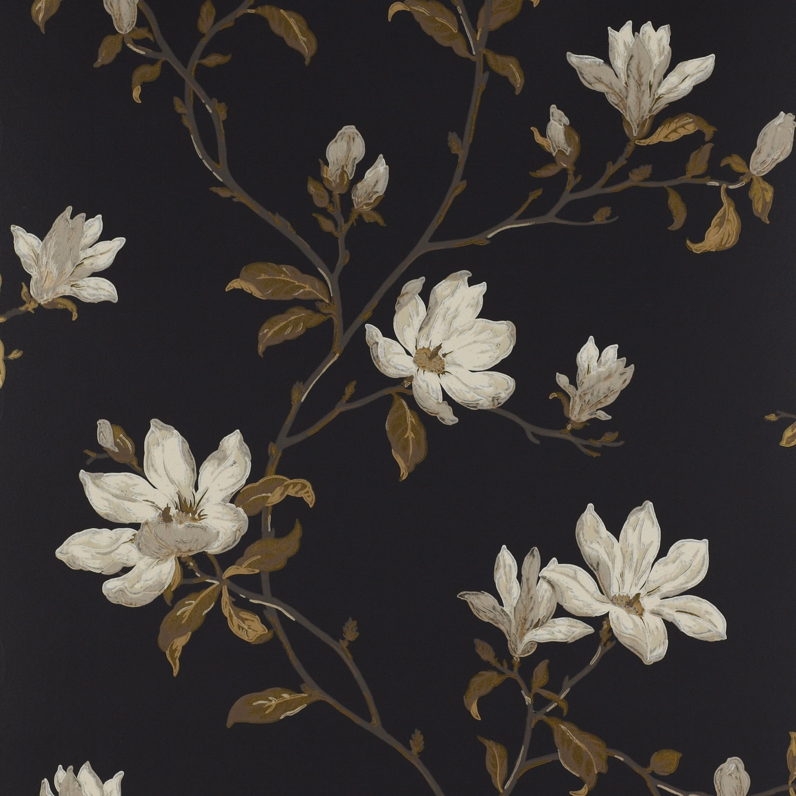 Charcoal-black wallpaper with ivory magnolia blooms, brown leaves and branching stems