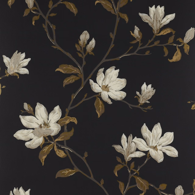 Charcoal-black wallpaper with ivory magnolia blooms, brown leaves and branching stems