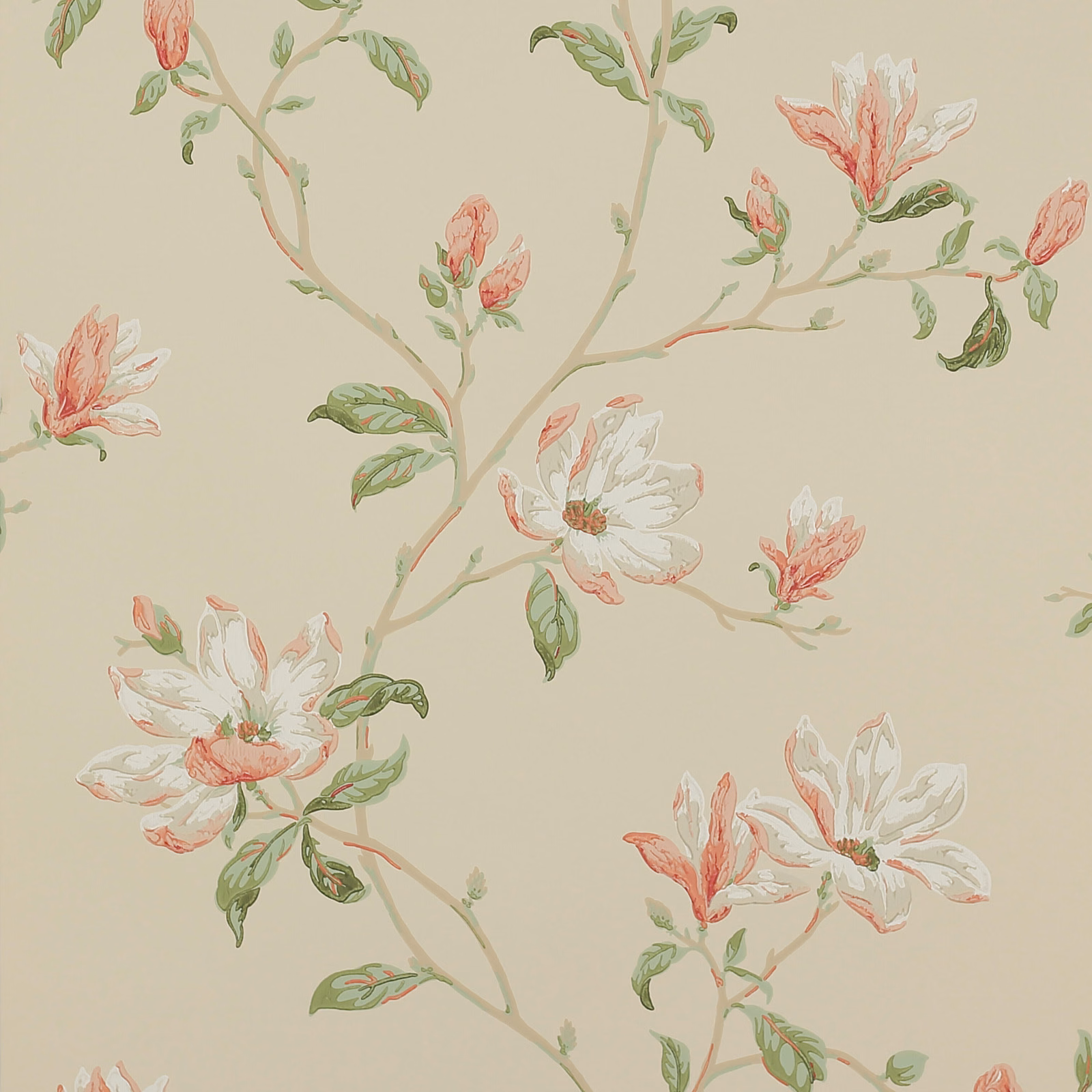 Stone wallpaper with large coral flowers and muted sage botanical branches