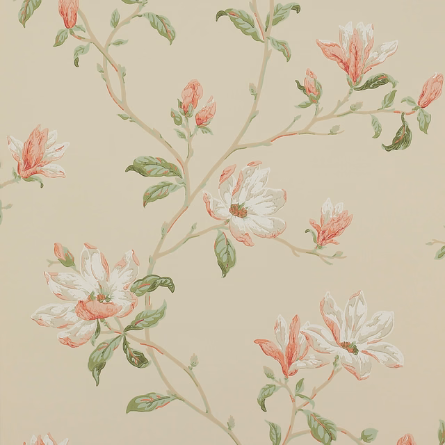 Stone wallpaper with large coral flowers and muted sage botanical branches