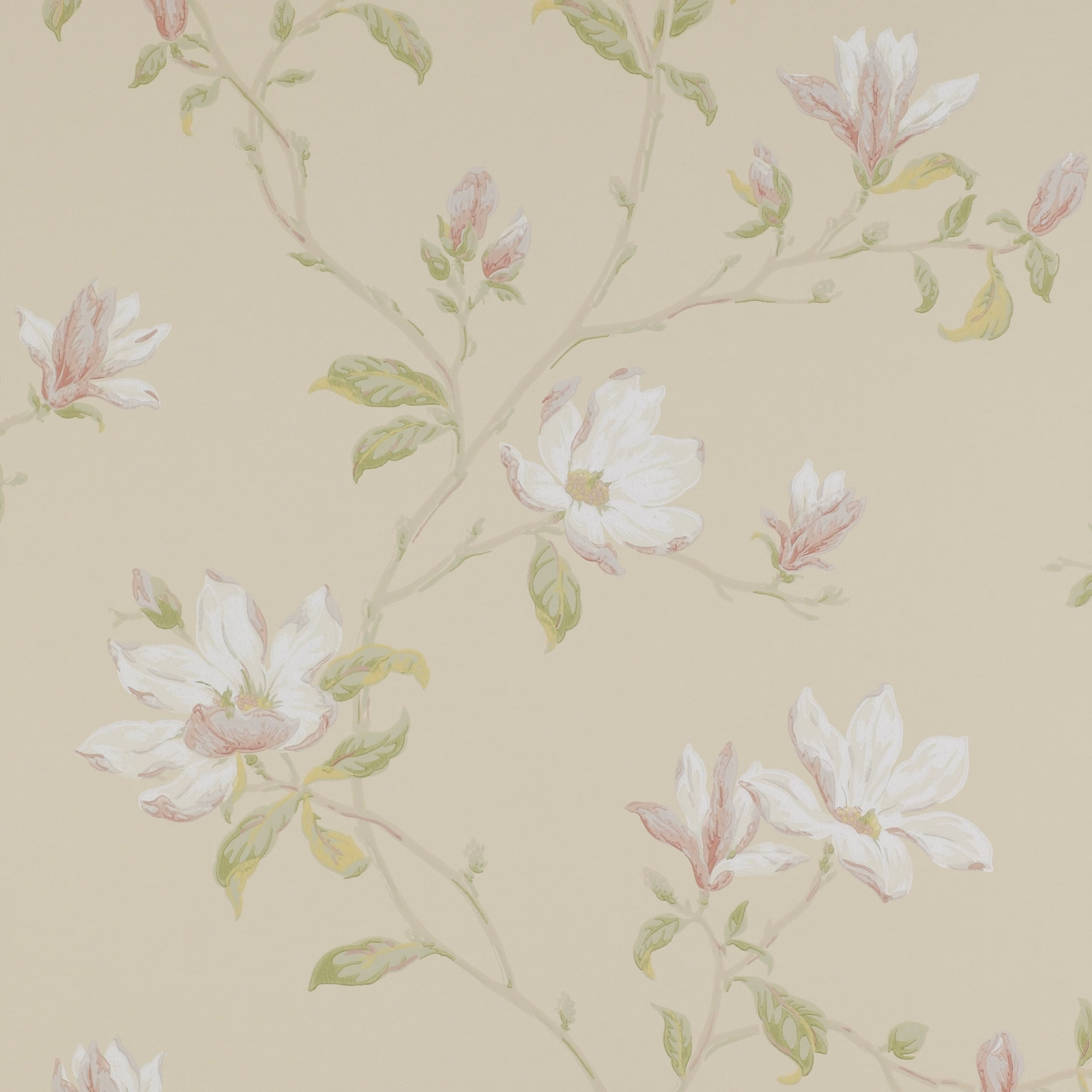 Ivory wallpaper with sage branches and pale blush botanical flowers