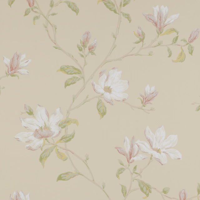 Ivory wallpaper with sage branches and pale blush botanical flowers
