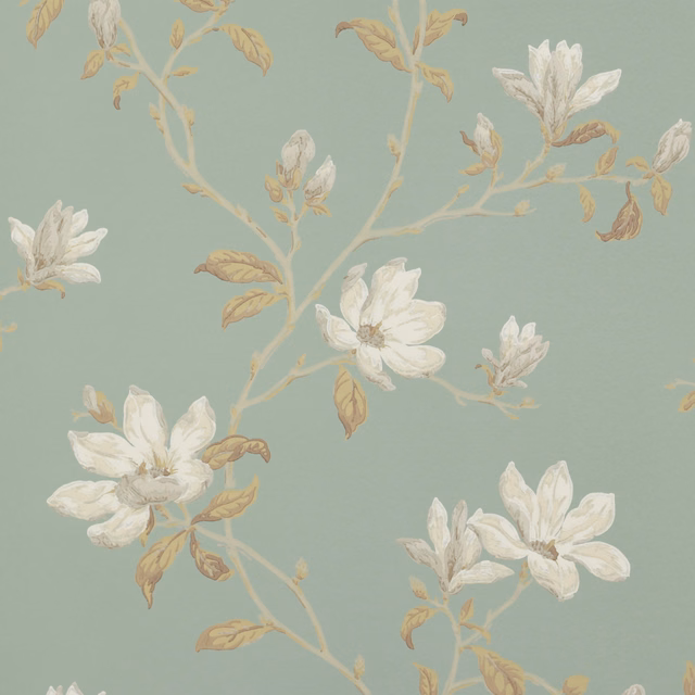 Muted blue-green wallpaper with ivory magnolia blooms and tan branching stems
