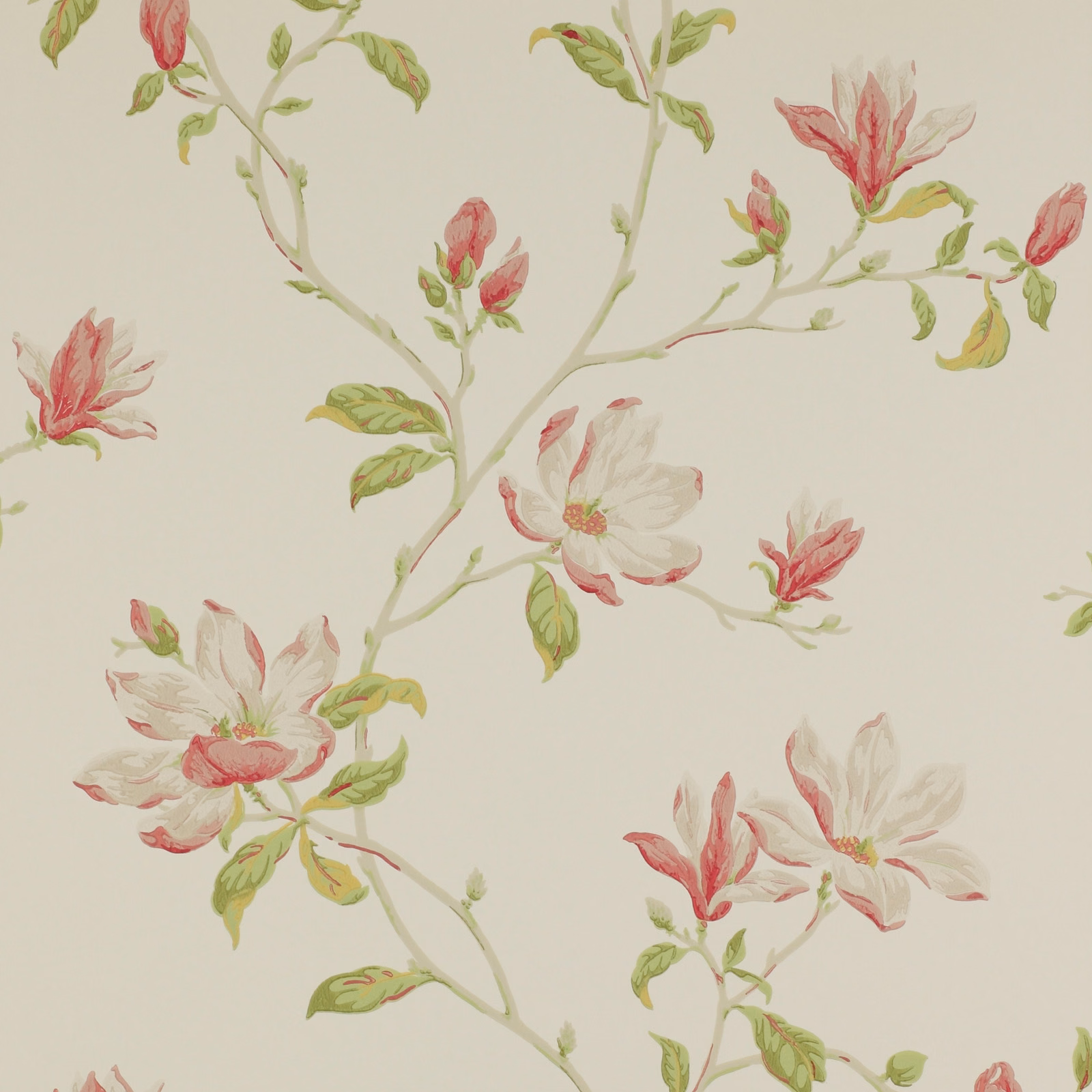 Pale ivory wallpaper with blush floral sprays, sage leaves and rose-pink blossoms