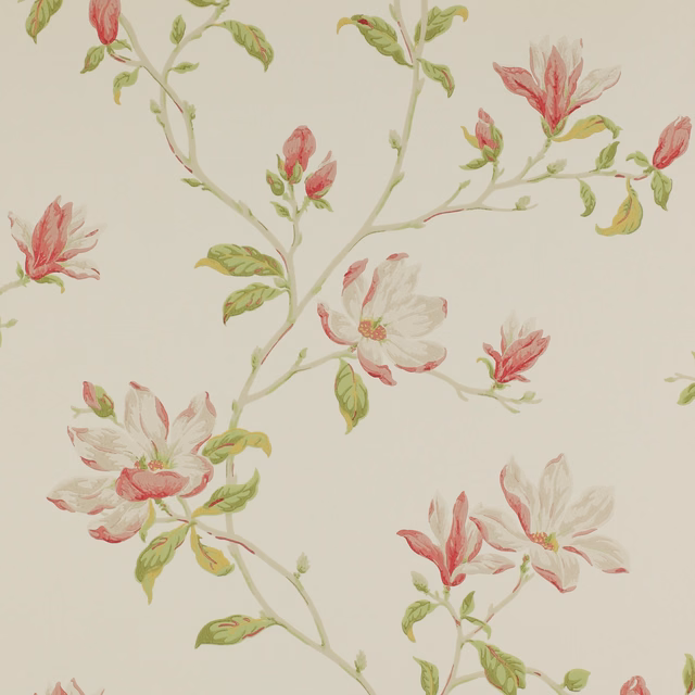 Pale ivory wallpaper with blush floral sprays, sage leaves and rose-pink blossoms
