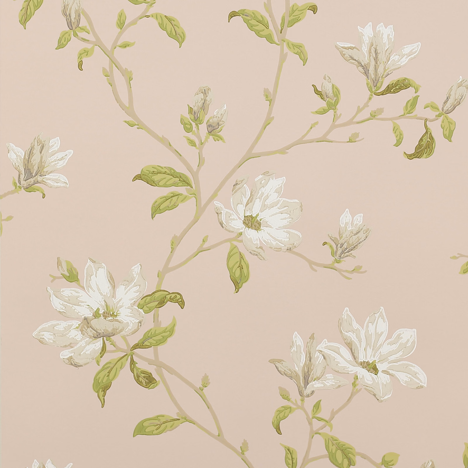 Shell pink wallpaper with airy ivory blossoms and pale olive branches