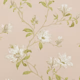 Shell pink wallpaper with airy ivory blossoms and pale olive branches