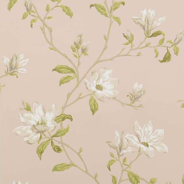 Shell pink wallpaper with airy ivory blossoms and pale olive branches