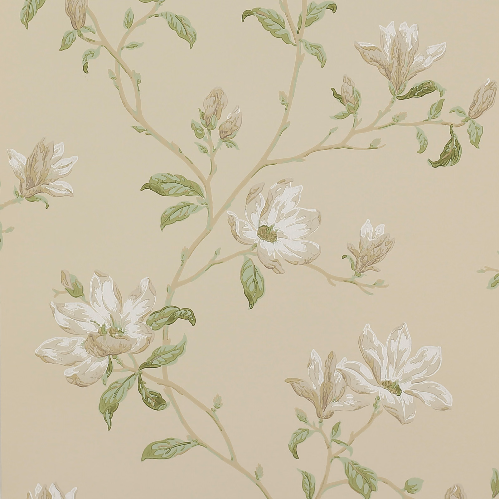 Warm beige floral wallpaper with sage branches and open ivory flowers