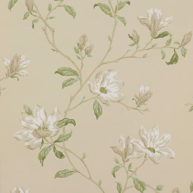 Warm beige floral wallpaper with sage branches and open ivory flowers