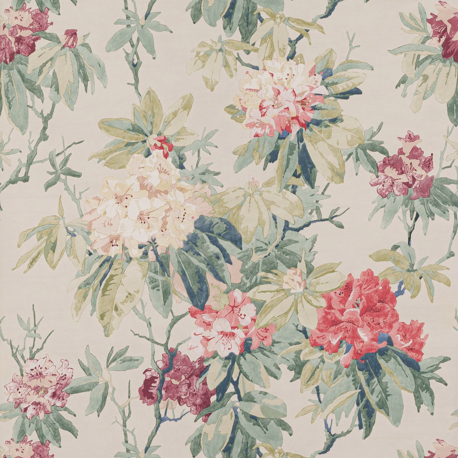 Blush pink floral clusters and forest-green leaves on a pale botanical wallpaper ground