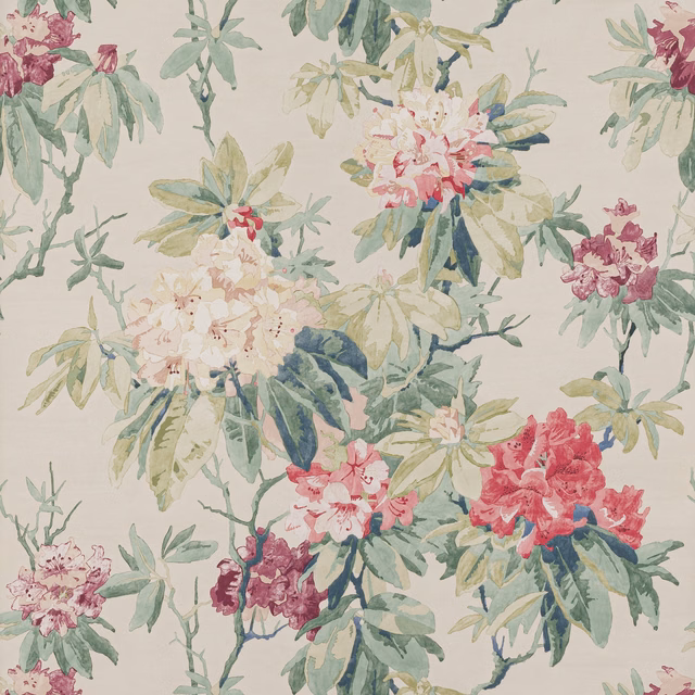 Blush pink floral clusters and forest-green leaves on a pale botanical wallpaper ground