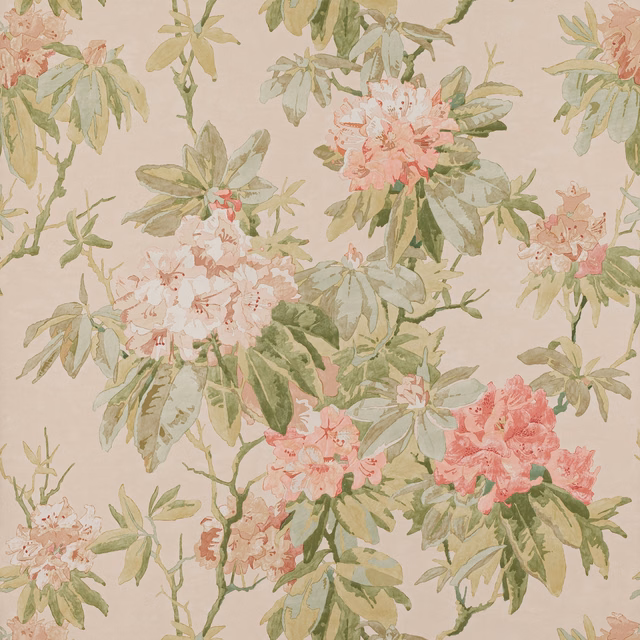 Blush, coral and olive botanical clusters on a pale cream ground