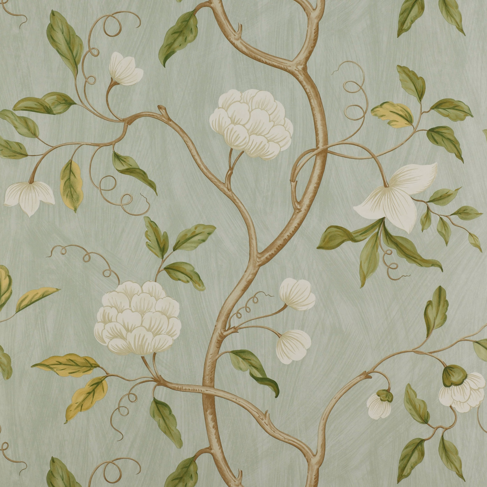 Pale aqua wallpaper with tan curling branches, cream blossoms and olive leaves