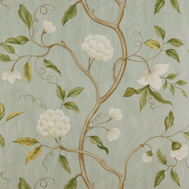 Pale aqua wallpaper with tan curling branches, cream blossoms and olive leaves