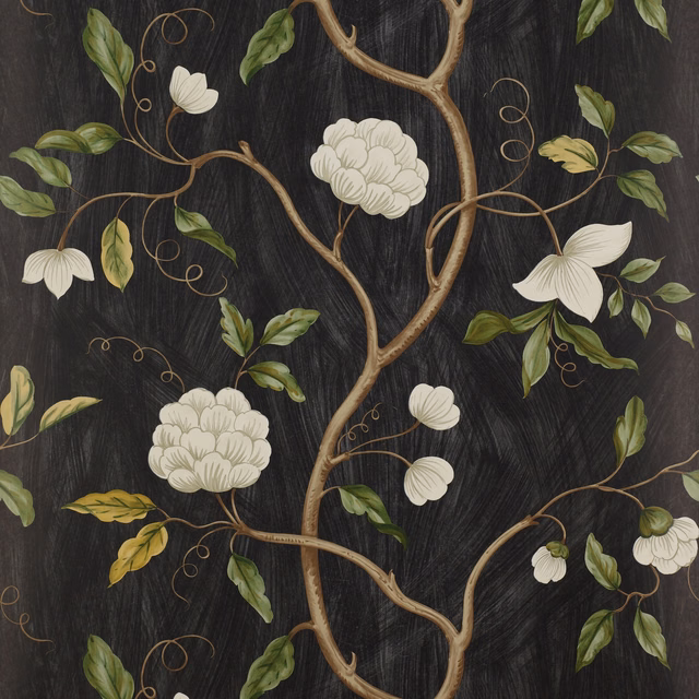 Charcoal black wallpaper with ivory flowers, green leaves and twisting tan branches
