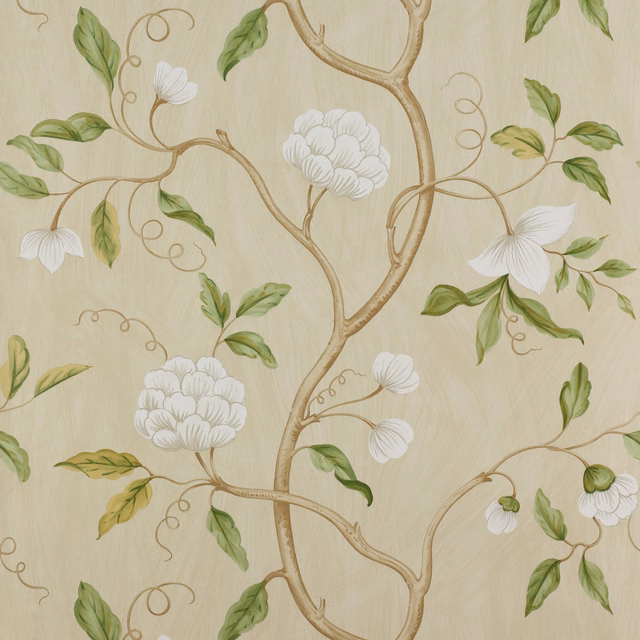 Cream botanical wallpaper with sage leaves, white flowers and looping taupe branches