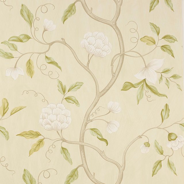 Ivory wallpaper with sage leaves, white flowers and curling tree branches