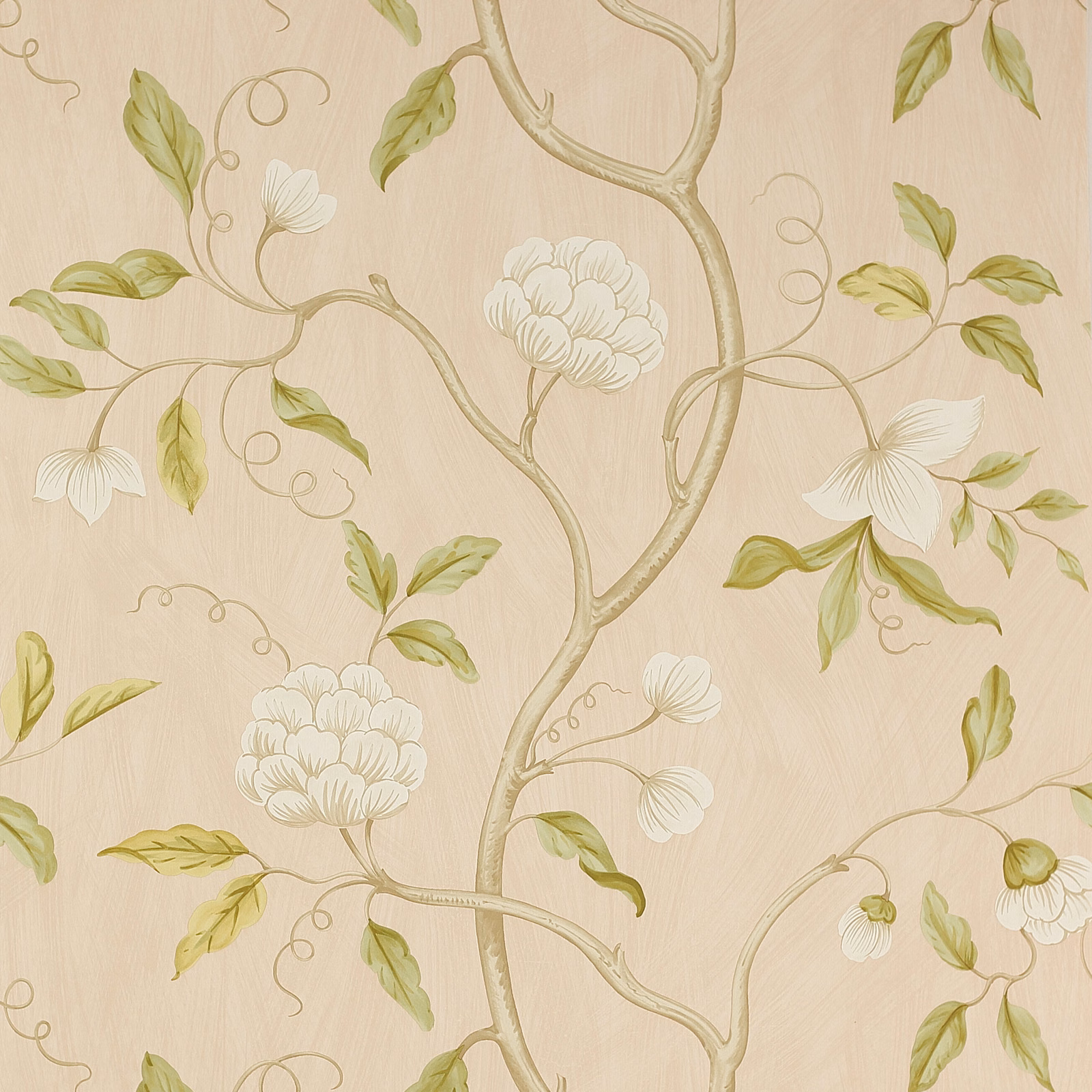Old pink paper wallpaper with branching vines, white blossoms and pale green leaves