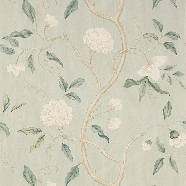 Pale aqua botanical wallpaper with cream flowers, sage leaves and looping beige branches
