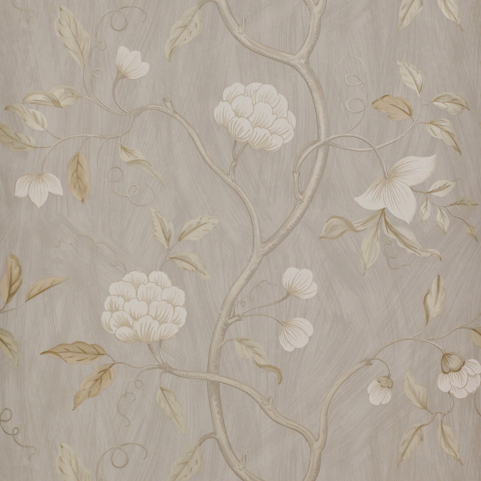 Pale silver-grey wallpaper with white blooms, branching stems and muted beige leaves